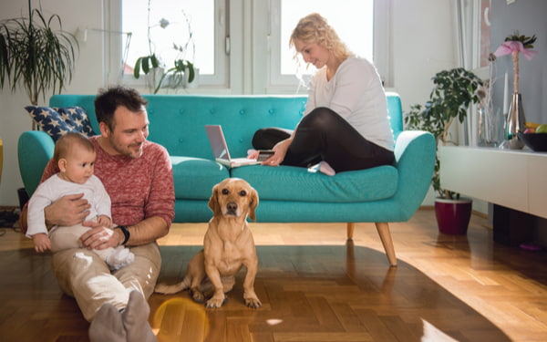 Father sitting on the floor with baby and his wife sitting on the sofa using laptop