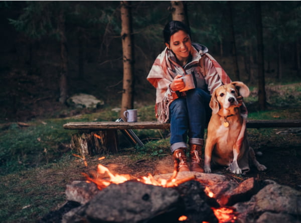 Woman and dog warm near campfire in forest
