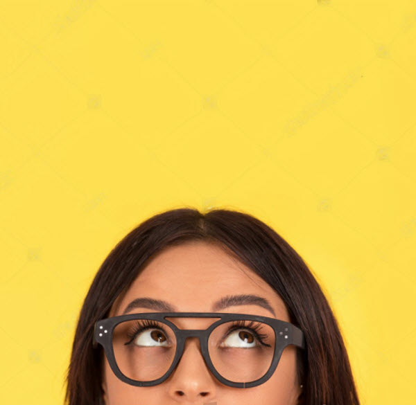 Step-Up-Below the contribution cap closeup portrait headshot cropped face above lips of cute happy woman in glasses looking up