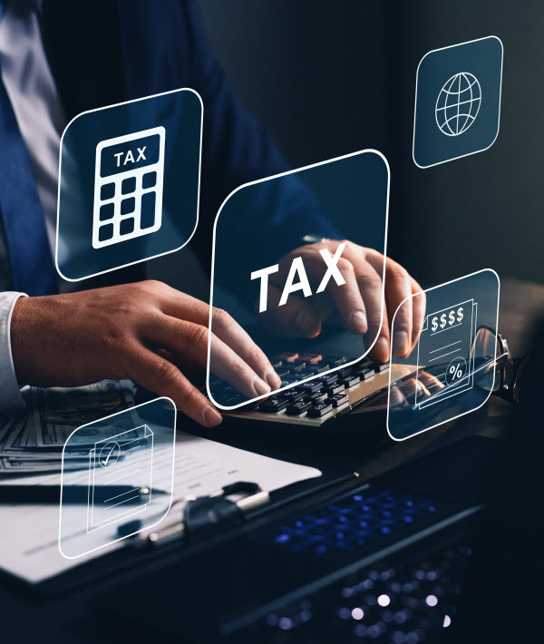 Step Up Group - Land tax calculations Man calculating with icons of tax, website and graphs