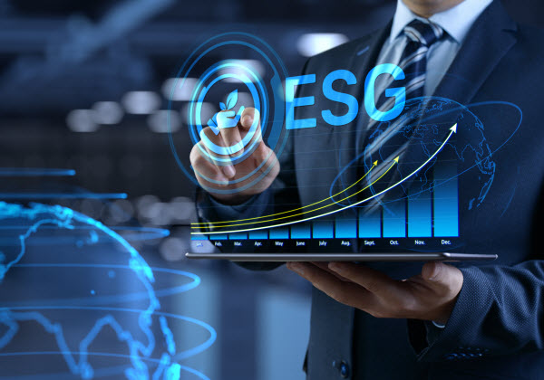 Step Up - ESG and responsible investing reporting Businessman pressing button on screen with ESG icon