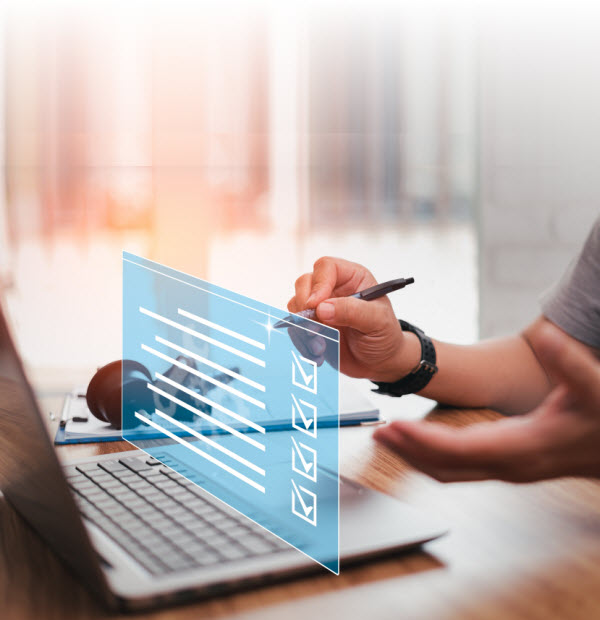 Step Up - Determine investment goals Man holding a pen marking on icon checklist and using laptop