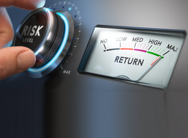 Step Up - Diversify investment portfolio Man turning risk selector button to the medium position.