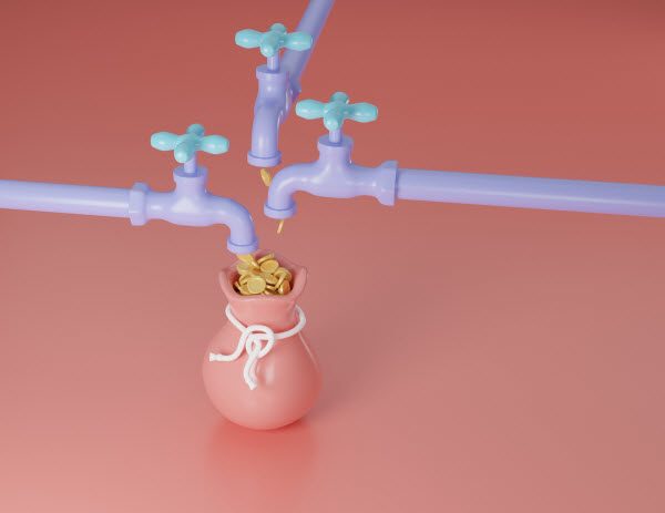 money coins flow out from pipe into money bag