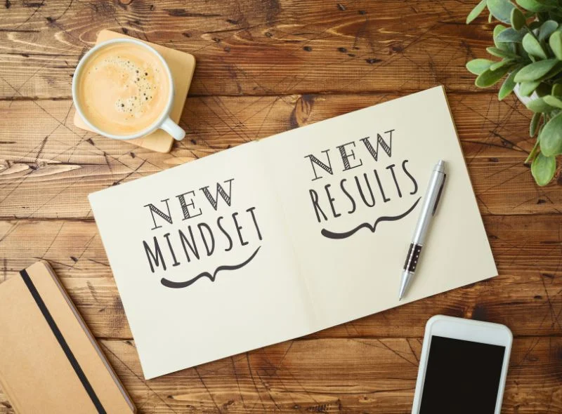 New mindset and new results text on notebook on wooden table with coffee cup and smartphone